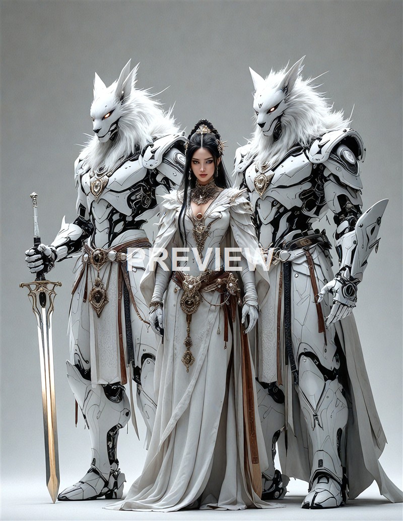 A woman dressed in elaborate, medieval-inspired white and gold armor standing between two large, armored humanoid figures with wolf-like masks and armor, holding a sword and shield.